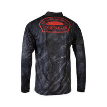 Load image into Gallery viewer, Back view of a black long-sleeve fishing polo with a galaxy design and a red Fishing Club logo.