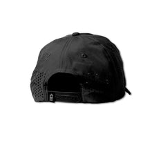 Load image into Gallery viewer, Back view of a black performance cap with mesh ventilation and adjustable closure for comfort and airflow.