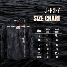 Load image into Gallery viewer, Size chart for Tide Apparel Rain Jersey, showing dimensions for S, M, L, XL, XXL, and XXXL.