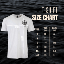 Load image into Gallery viewer, Tide Apparel Jawz Tee size chart displaying dimensions for S, M, L, XL, XXL, and XXXL sizes.