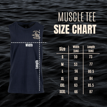 Load image into Gallery viewer, Size chart for Tide Apparel Men's Seasick Tank muscle tee, showing dimensions for S, M, L, XL, XXL, XXXL in cm.