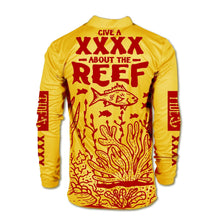 Load image into Gallery viewer, Tide x XXXX collab fishing shirt promoting reef protection, vibrant yellow design with marine life graphics.