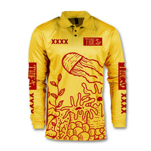 Load image into Gallery viewer, Tide x XXXX Collab Jersey fishing shirt featuring yellow color and marine-themed design, made from recycled materials.