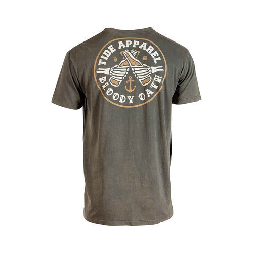 Tide Apparel Pub Tee featuring a back print with nautical elements and slogan 'Bloody Oath' on a versatile olive green shirt.