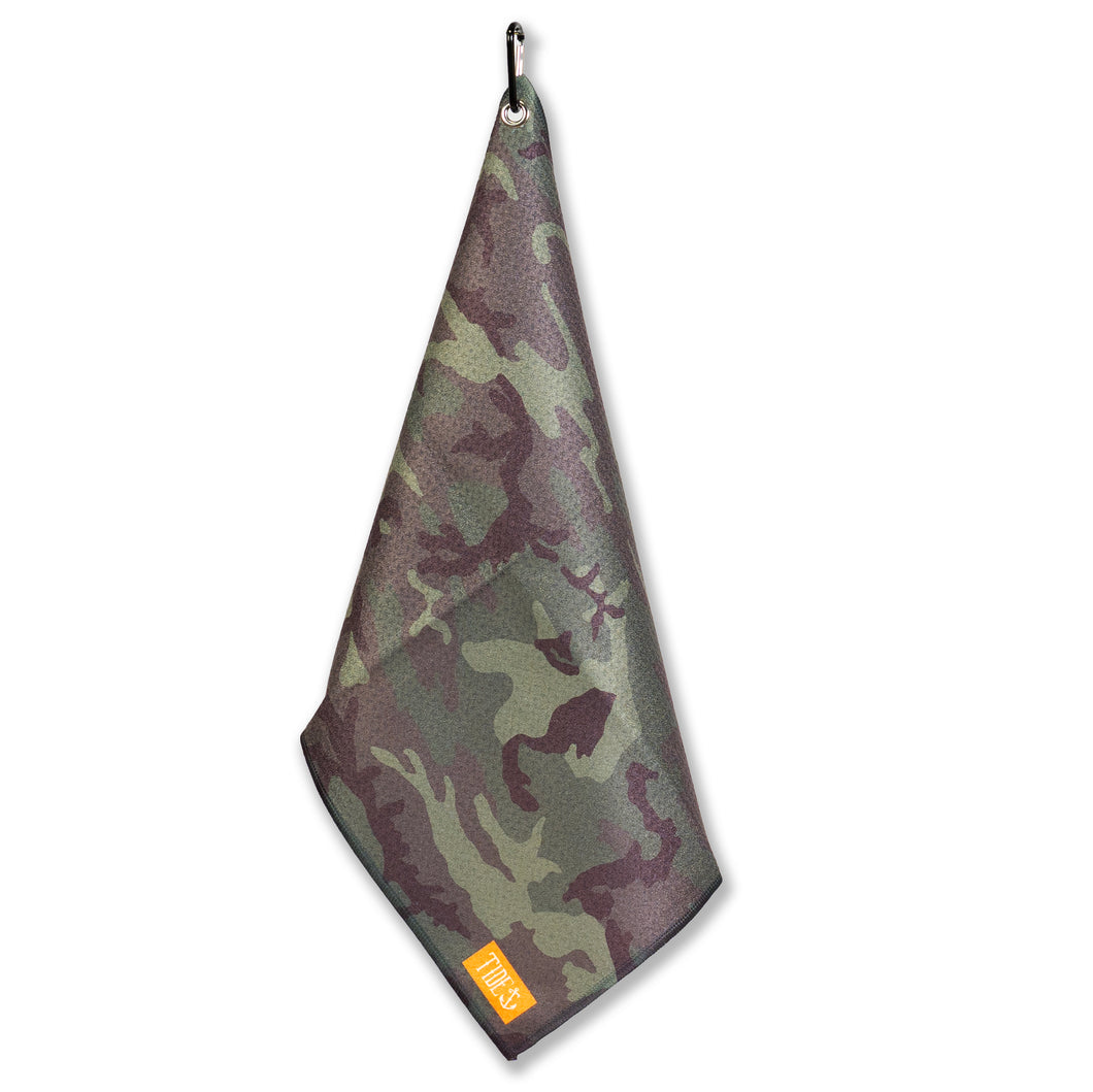Camo multi-purpose towel ideal for fishing and boating, perfect for cleaning and wiping hands outdoors.