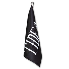 Load image into Gallery viewer, Black multi-purpose towel featuring logo, ideal for fishing, boating, and outdoor activities.