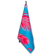 Load image into Gallery viewer, Troppo Multi-Purpose Towel in blue with pink palm leaves, ideal for fishing, boating, and outdoor use.